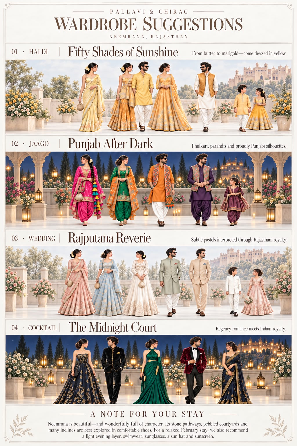 Wardrobe suggestions poster — Haldi, Jaago, Wedding and Cocktail looks